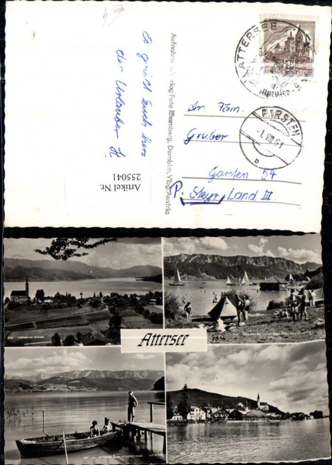 255041,Attersee Teilansicht Kirche Strandbad Segelboote Ruderboot geg. Höllengebirge Mehrbildkarte
