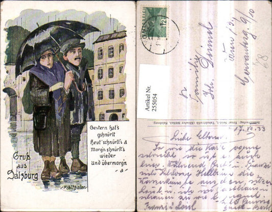 255054,Künstler AK Fißlthaler Gruß aus Salzburg Mann u. Frau m. Regenschirm Regen Spruch Text