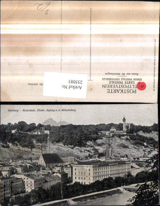 255081,Salzburg Teilansicht Realschule Kirche u. Elektrischer Aufzug auf d. Mönchsberg