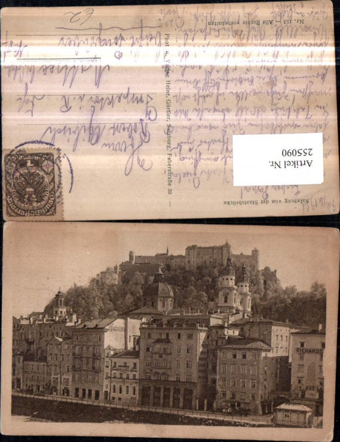 255090,Salzburg Teilansicht Geschäfte u. Festung von d. Staatsbrücke