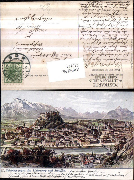 255144,Künstler AK F. Kulstrunk Salzbug Totale m. Festung geg. d. Untersberg u. Stauffen