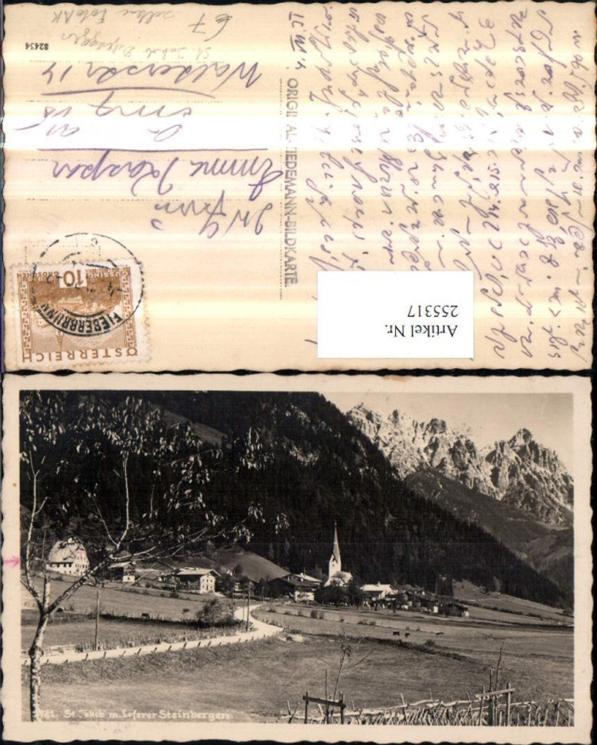 255317,Seltene Foto AK St. Jakob in Defereggen Totale m. Loferer Steinbergen Bergkulisse