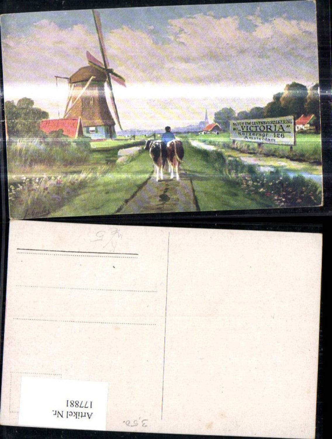 177881,Künstler Ak Windmühle Bauer m. Kühen Reklameschild Victoria Levensverzekering Amsterdam