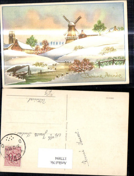 177894,Künstler Ak Windmühle i. Winterlandschaft Bonne Annee Goldverzierung Weihnachten