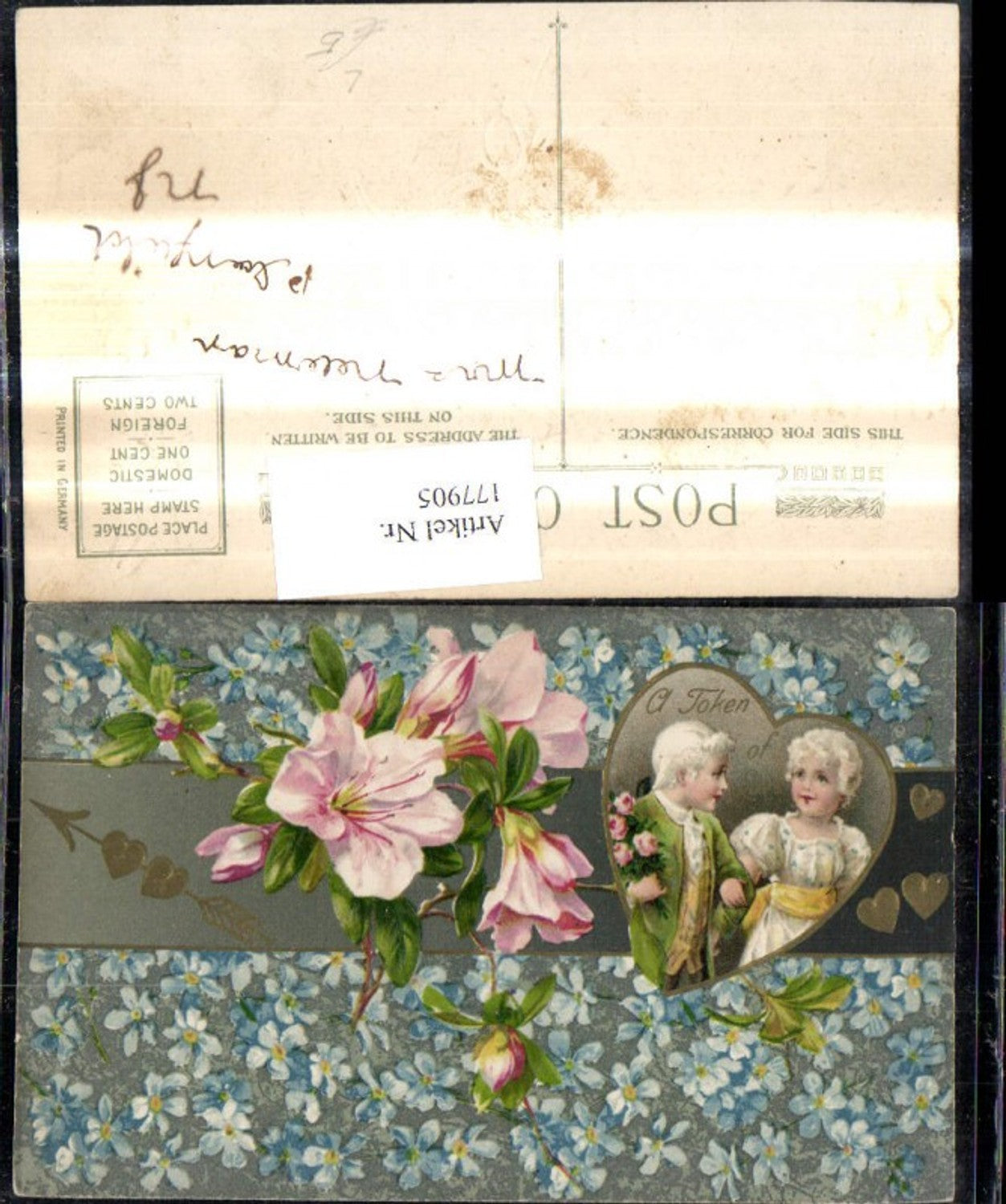 177905,Präge Litho Liebe Kinder Paar i. Herz Blumen Vergissmeinnicht Pfeil Goldverzierung