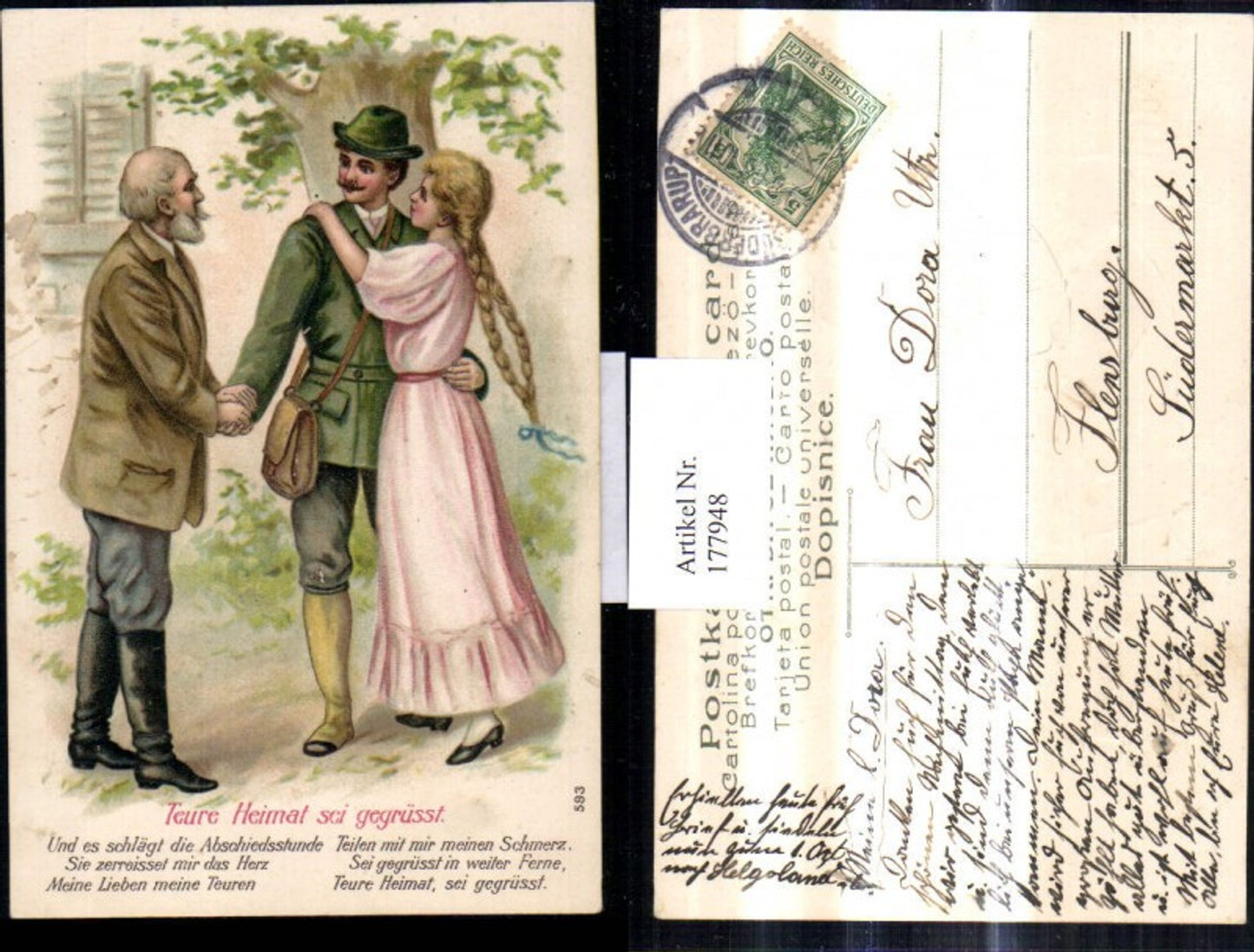 177948,Präge Litho Mann m. Liebespaar Paar Liebe Jäger Frau Zöpfe Spruch Text