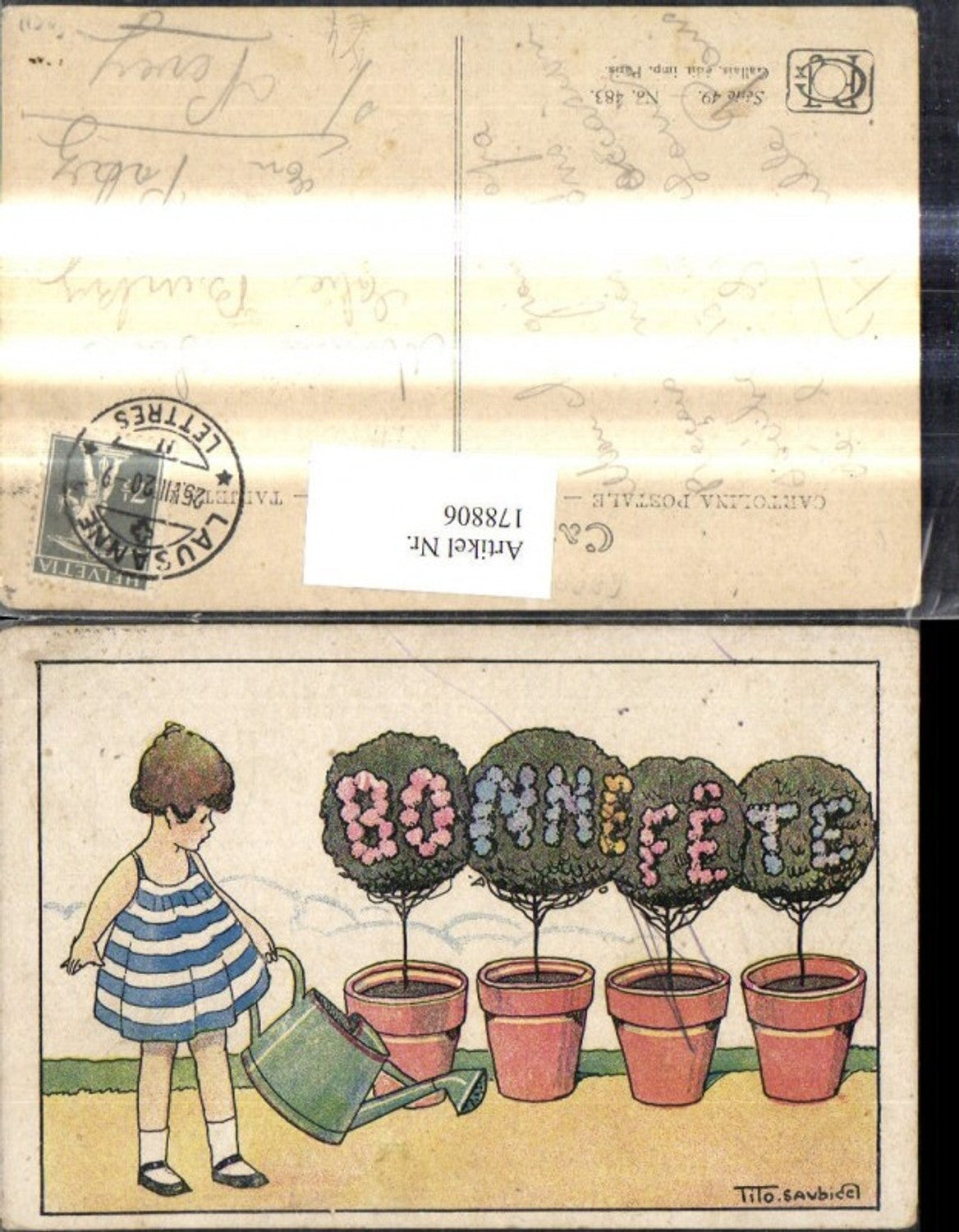 178806,Künstler Ak Tito Saubice Mädchen m. Gießkanne Blumentöpfe Bonne Fete