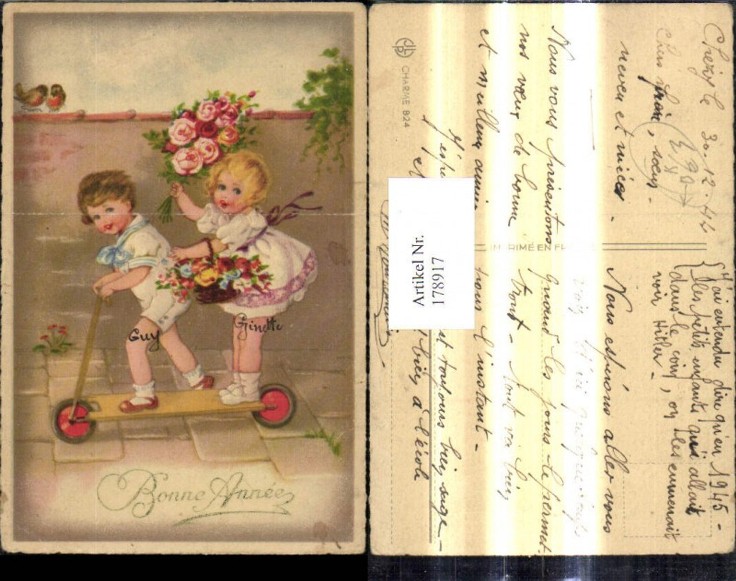 178917,Künstler Ak Kinder a. Roller Blumen Korb Strauß Matrosenanzug Bonne Annee
