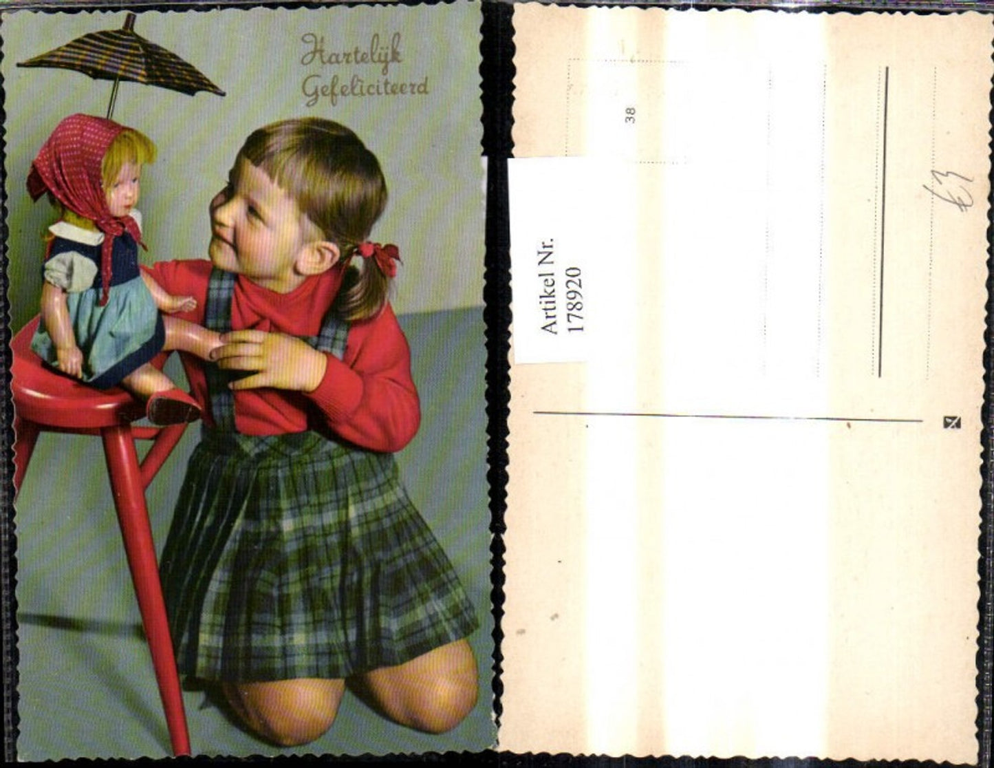 178920,Kind Mädchen m. Puppe Schirm b. Hocker Hartelijk Gefeliciteerd Spielzeug