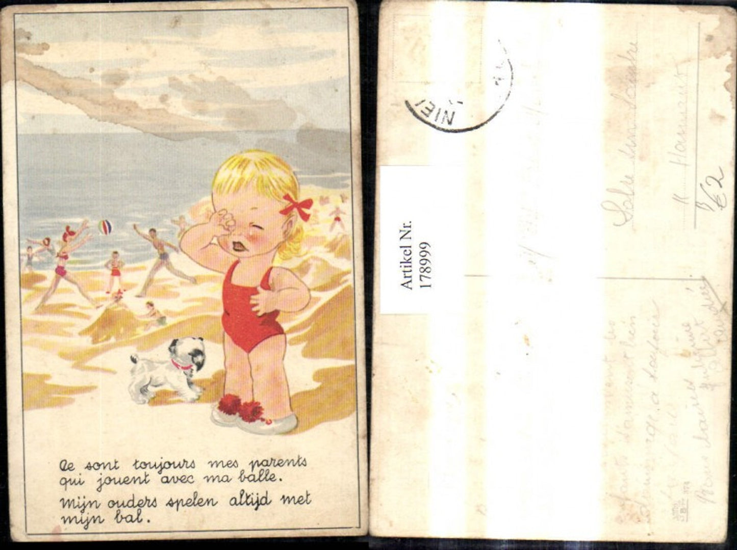 178999,Künstler Ak Mädchen weint a. Strand Hund Strandleben Spruch Text