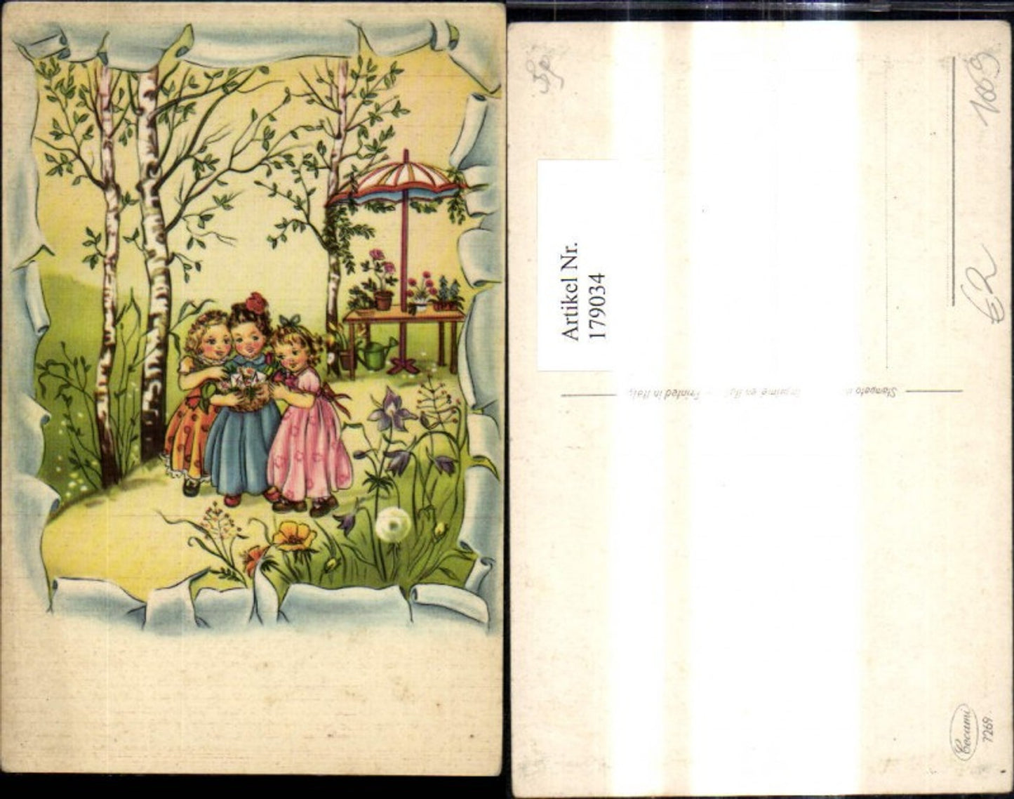 179034,Künstler Ak Mädchen m. Korb Blumen Brief Kuvert Birken Bäume Tisch Sonnenschirm