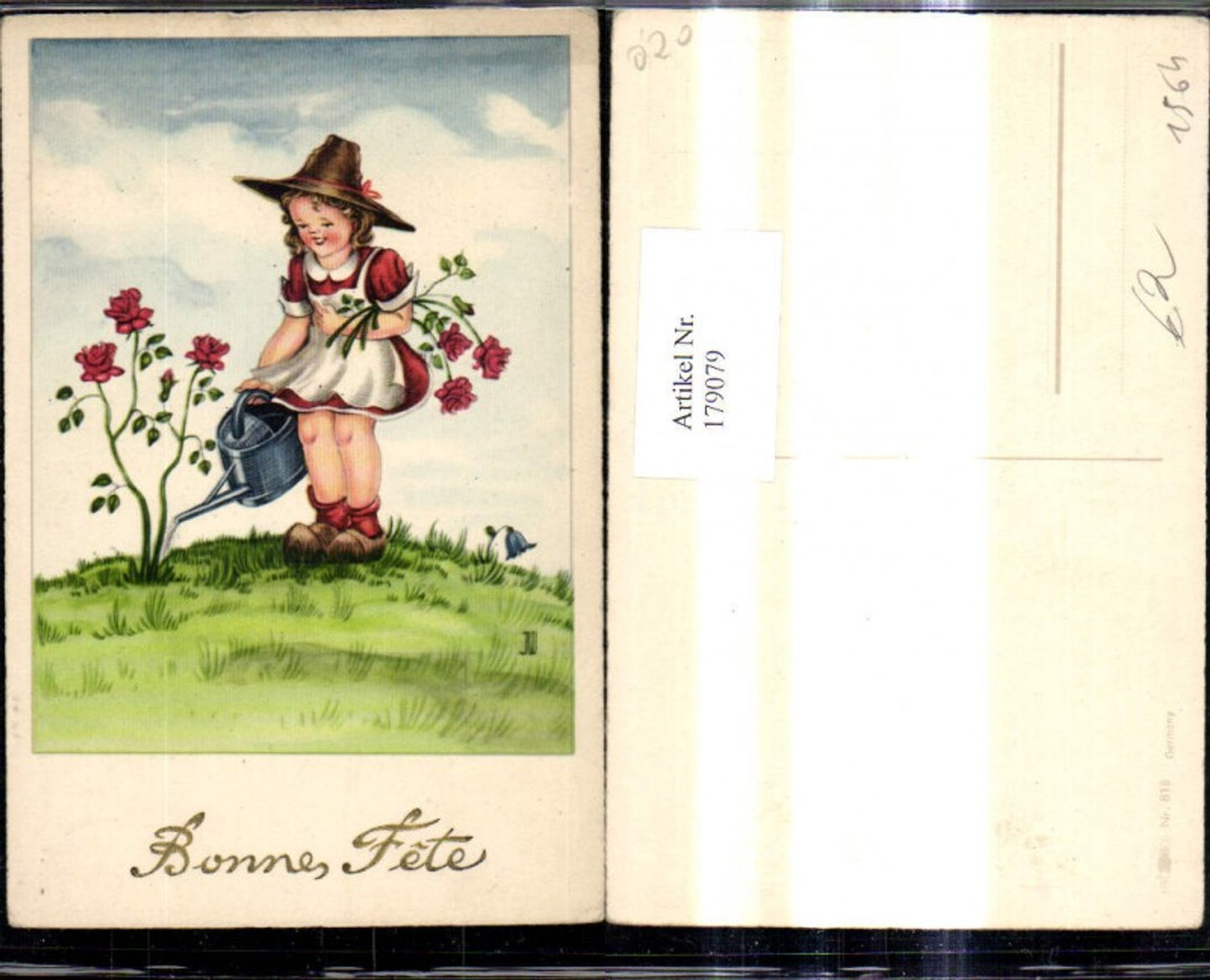 179079,Künstler Ak Mädchen m. Gießkanne Rosen Hut Bonne Fete