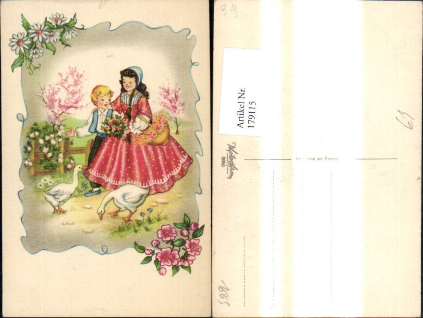 179115,Künstler Ak Kinder spazieren m. Korb Blumen Strauß Gänse Passepartout