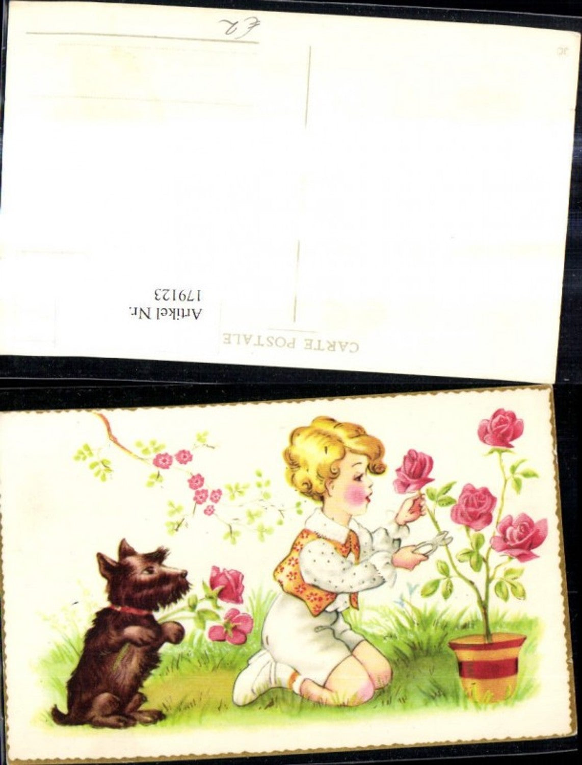 179123,Künstler Ak Kind schneidet Rosen Hund Blumen Schere