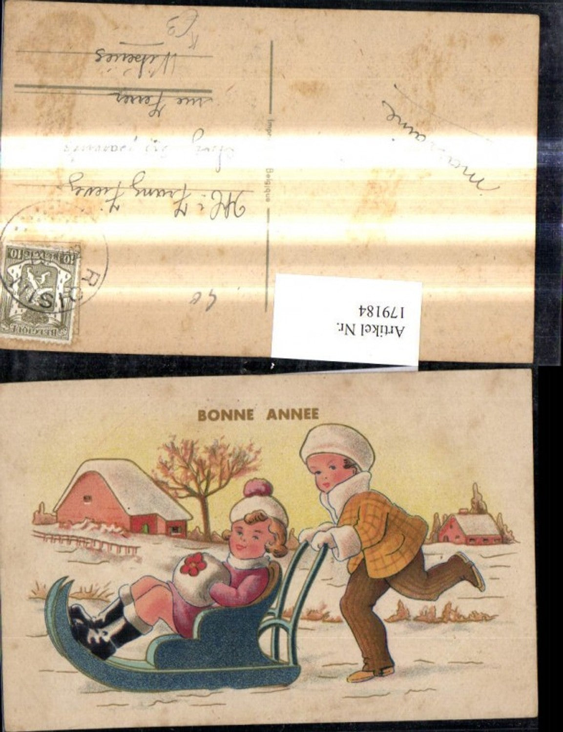 179184,Künstler Ak Kinder m. Schlitten Winterlandschaft Bonne Annee Weihnachten