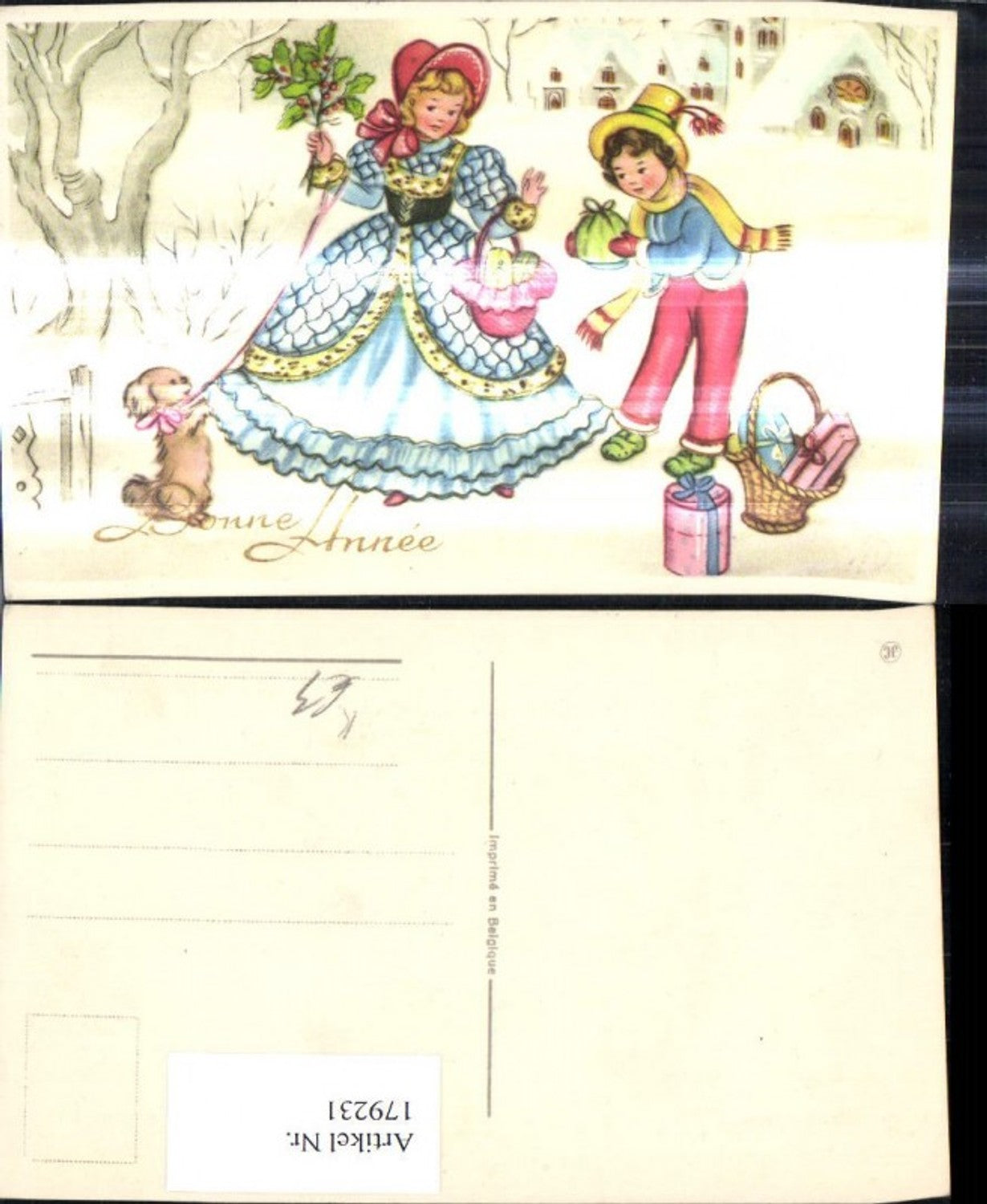 179231,Künstler Ak Kinder m. Geschenken Korb Pakete Hund Winterdorf