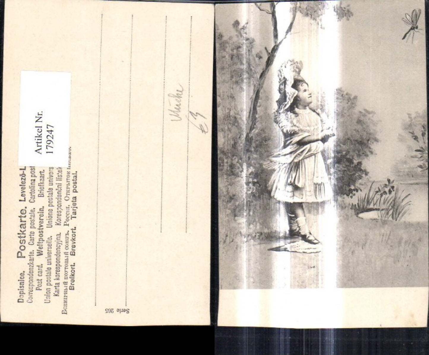 179247,Künstler Ak Mädchen Kleid Hut b. See Teich Landschaft Mücke Insekt