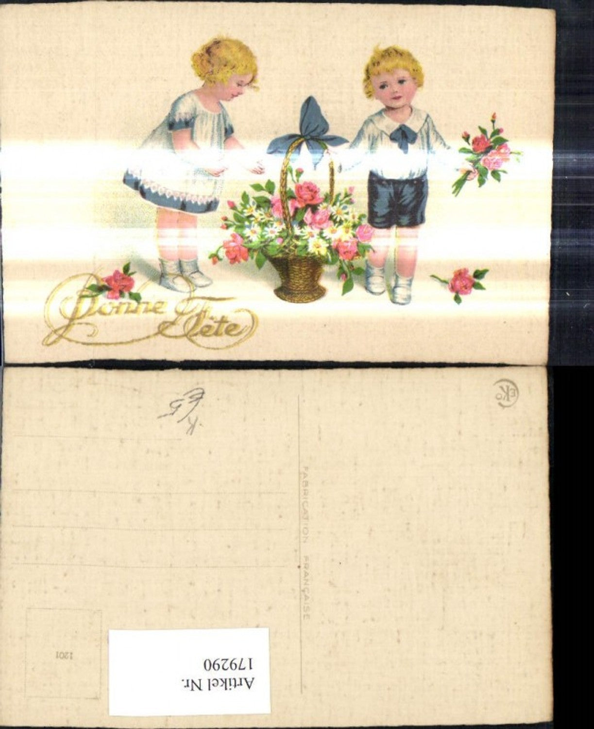 179290,Künstler Ak Kinder m. Blumenkorb Blumen Matrosenanzug Kleid Bonne Fete