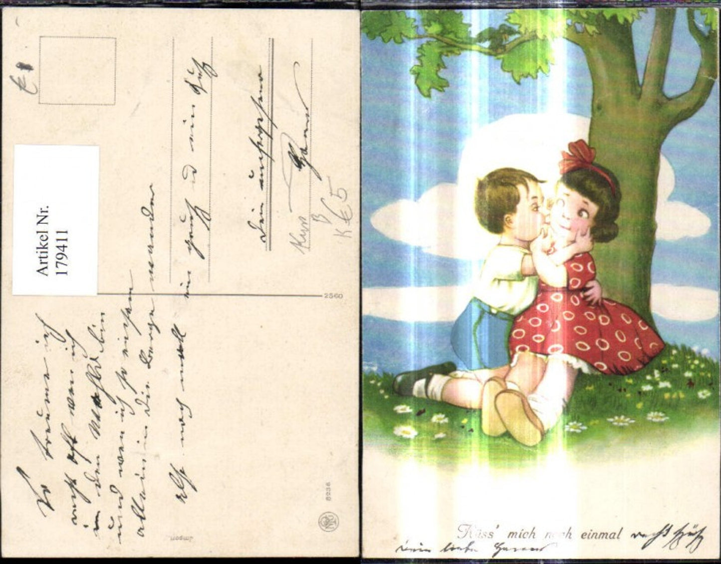 179411,Künstler Ak Kinder Kuss Wangenkuss unter Baum Spruch Text
