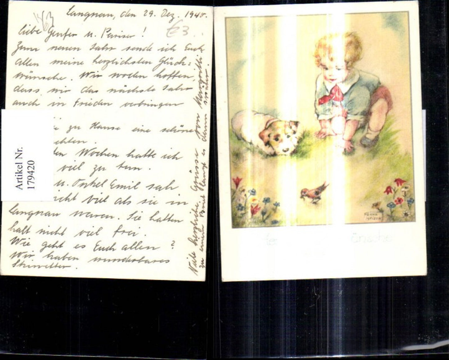179420,Künstler Ak Erna Maison Bub Junge beobachtet m. Hund Vogel u. Wurm Blumen
