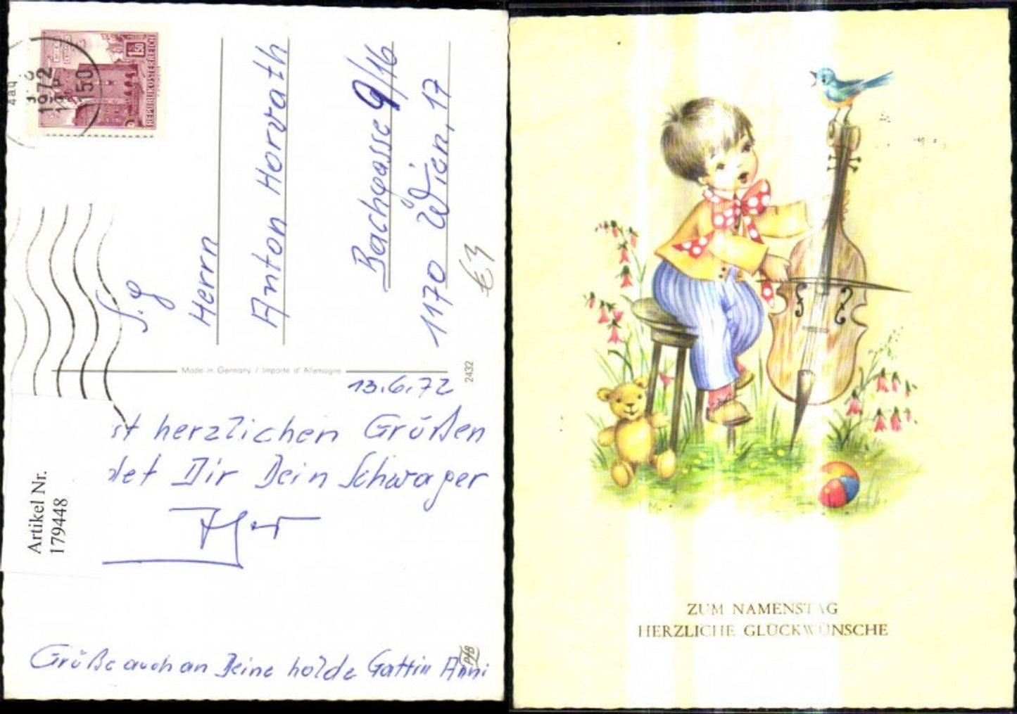 179448,Künstler Ak Bub Junge spielt Chello Teddy Teddybär Ball Vogel Namenstag
