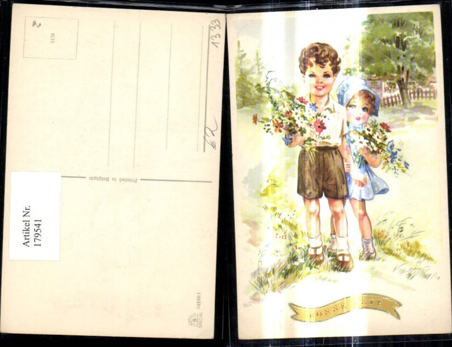 179541,Künstler Ak Kinder Blumenstrauß Blumen Landschaft Präge Papierrolle