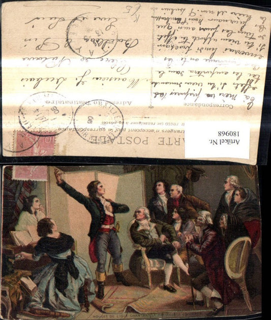 180968,Künstler Ak Rouget de Lisle Chantant la Marseillaise Soldat singt v. Zuhörer