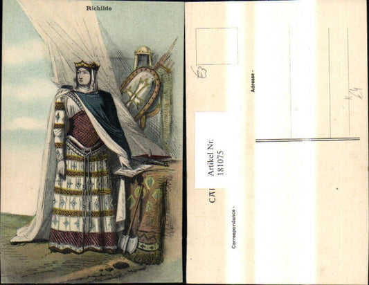 181075,Künstler Ak Richilde Frau Krone Rüstung Ritter i. Hintergrund