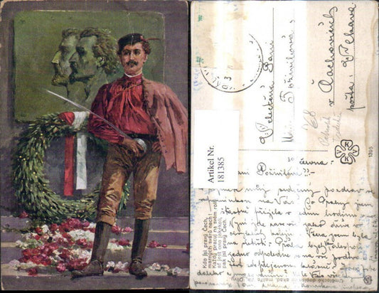 181385,Künstler Ak Vik. Olivy Mann Typ Tracht Säbel Kranz v. Denkmal Patriotik Tschechien Volkstyp