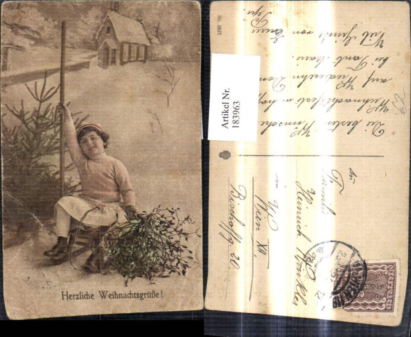 183963,Mädchen a. Schlitten Mistelzweig Tannenbaum Winterlandschaft a. Leinwand Weihnachten