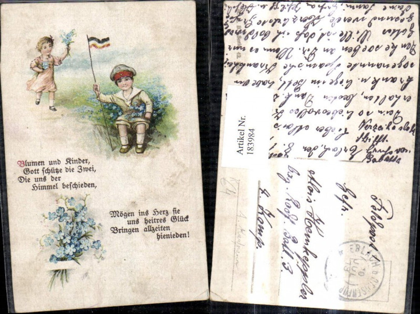 183984,Künstler Ak A. Kaufmann Bub Junge Uniform m. Fahne Mädchen Blumen Vergissmeinnicht Spruch Text