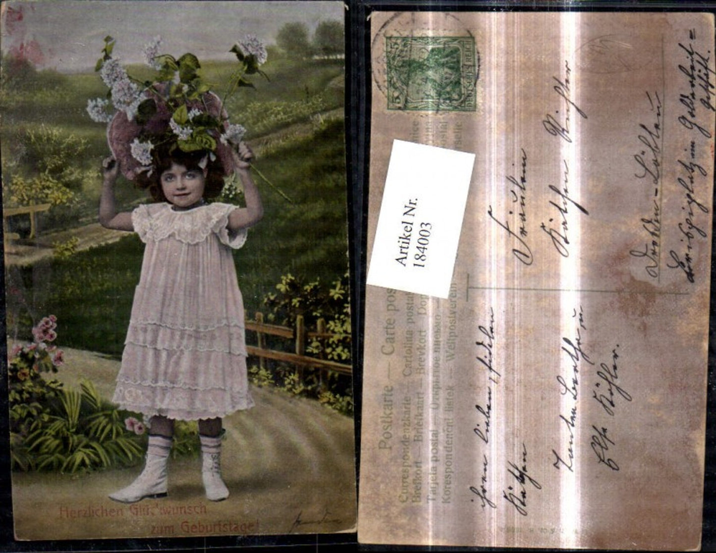 184003,Kind Mädchen m. Hut Blumen Hortensien Geburtstag