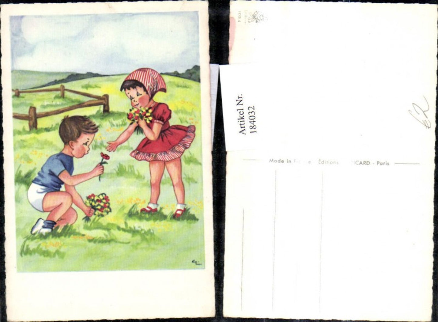 184032,Künstler Ak Kinder pflücken Blumen Wiese