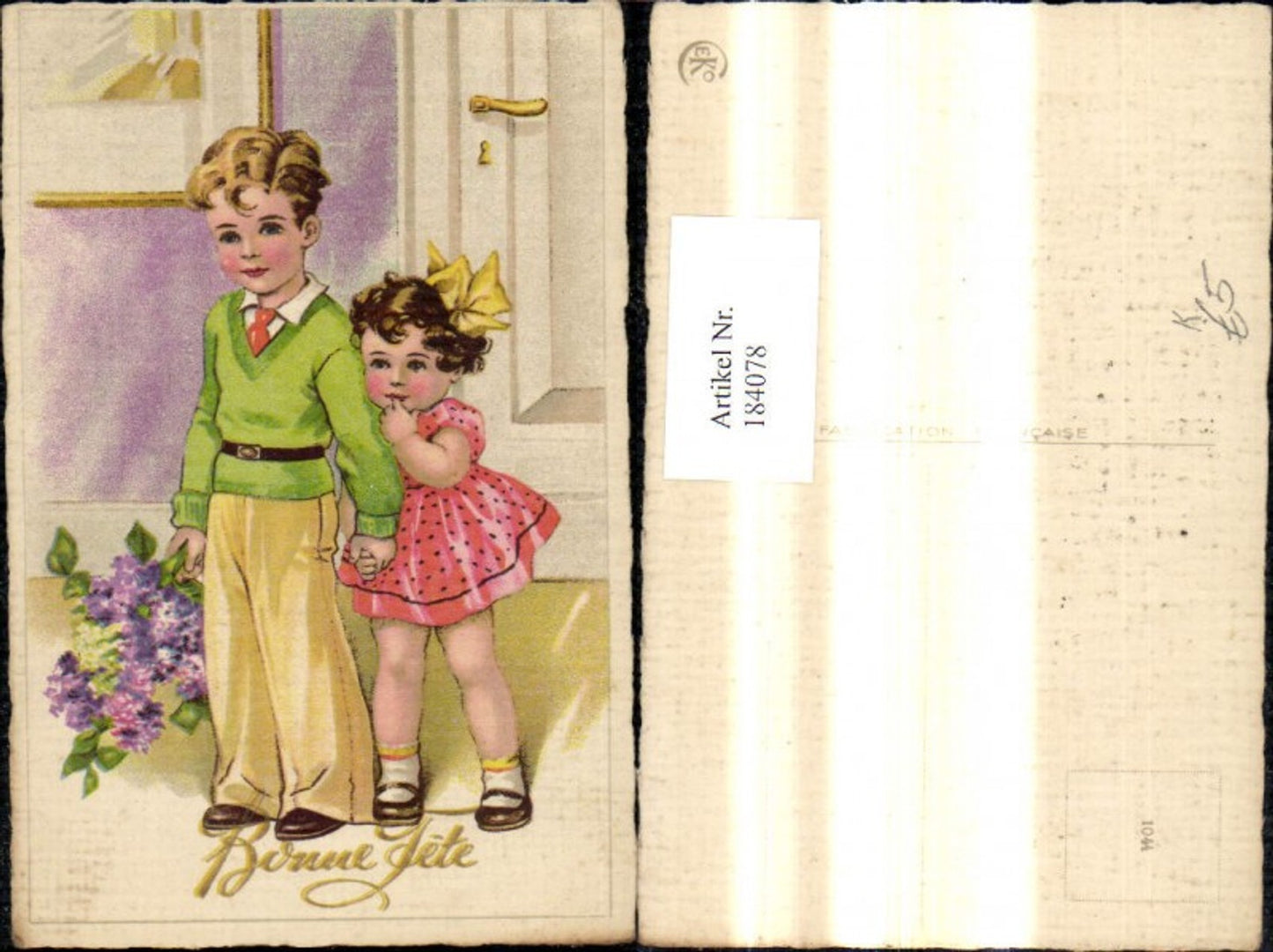 184078,Künstler Ak Kinder m. Blumenstrauß Blumen Flieder Bonne Fete