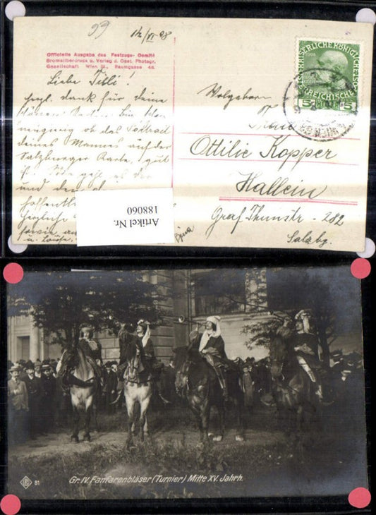 188060,Foto Ak Kaiser Huldigungs Festzug 1908 Adel Monarchie Fanfarenbläser Turnier Mitte XV Jahrhundert