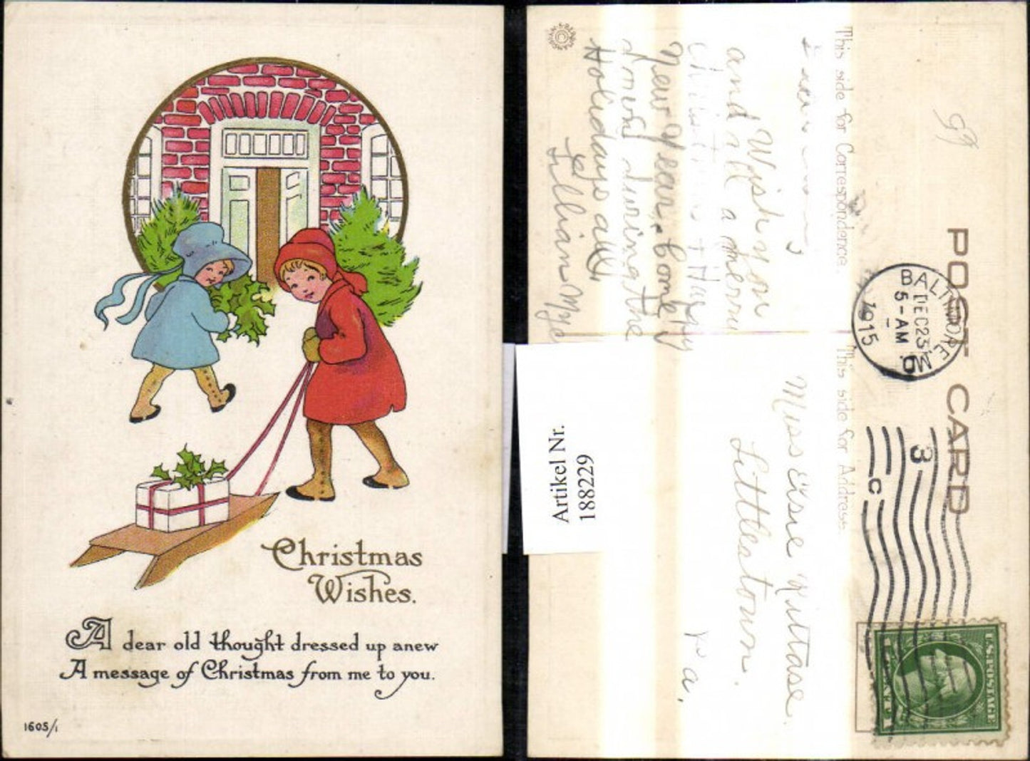 188229,Präge Ak Kinder m. Schlitten Geschenk Paket Tannenbaum b. Haus Christmas Wishes Weihnachten
