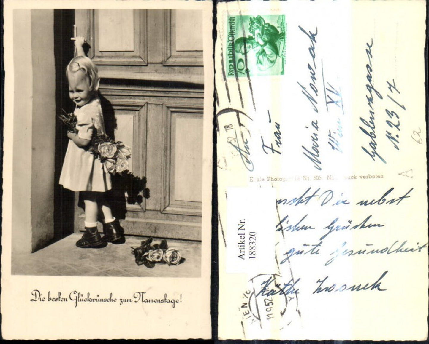 188320, Photo Ak girl with roses, bouquet of flowers, door, name day