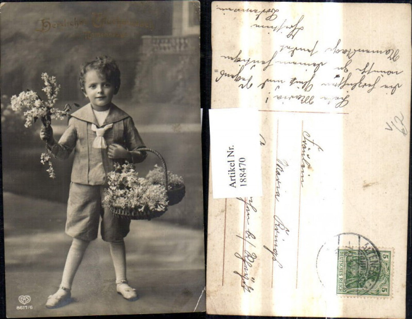 188470,Foto Ak Bub Junge Matrosenanzug Korb m. Blumen Strauß Namenstag pub EAS 8617/6
