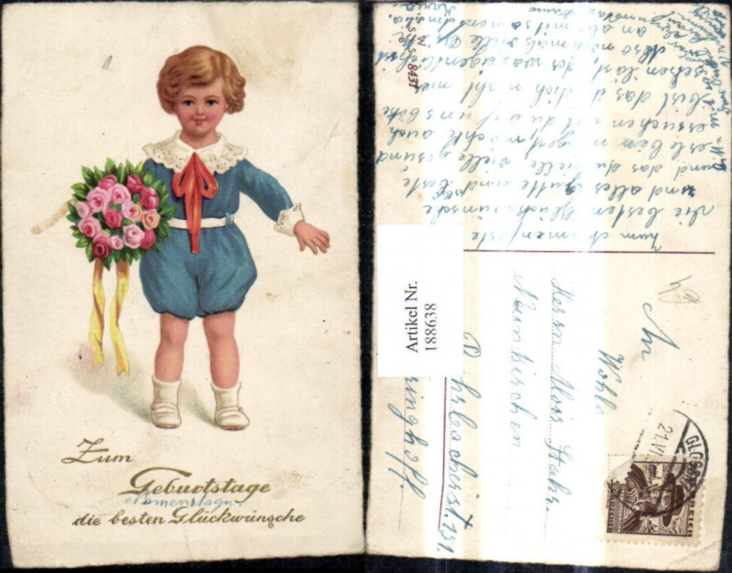 188638,Künstler Ak Bub Junge m. Rosen Blumenstrauß Geburtstag Glitzerschrift
