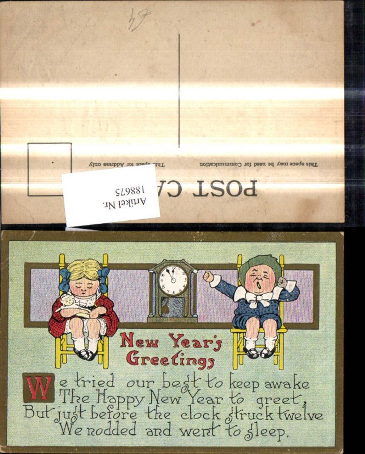 188675,Präge Ak Kinder a. Sessel Puppe Uhr New Years Greetings Spruch Text