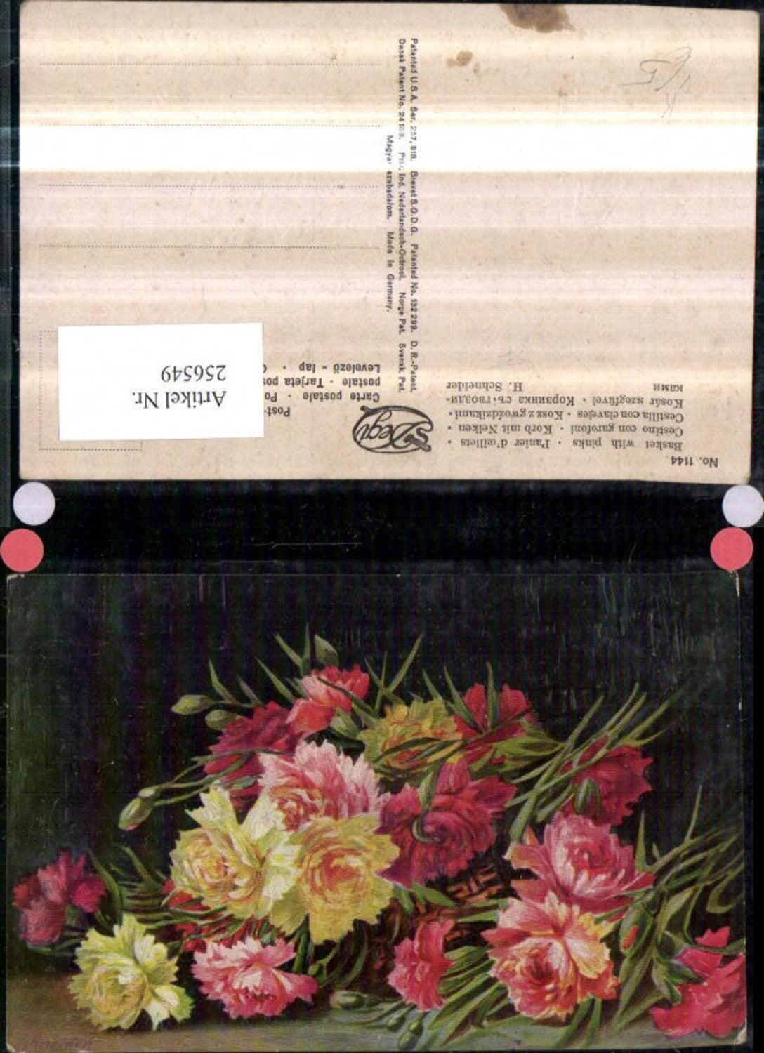 256549,Degi AK 1144 Künstler H. Schneider Korb m. Nelken Blumen