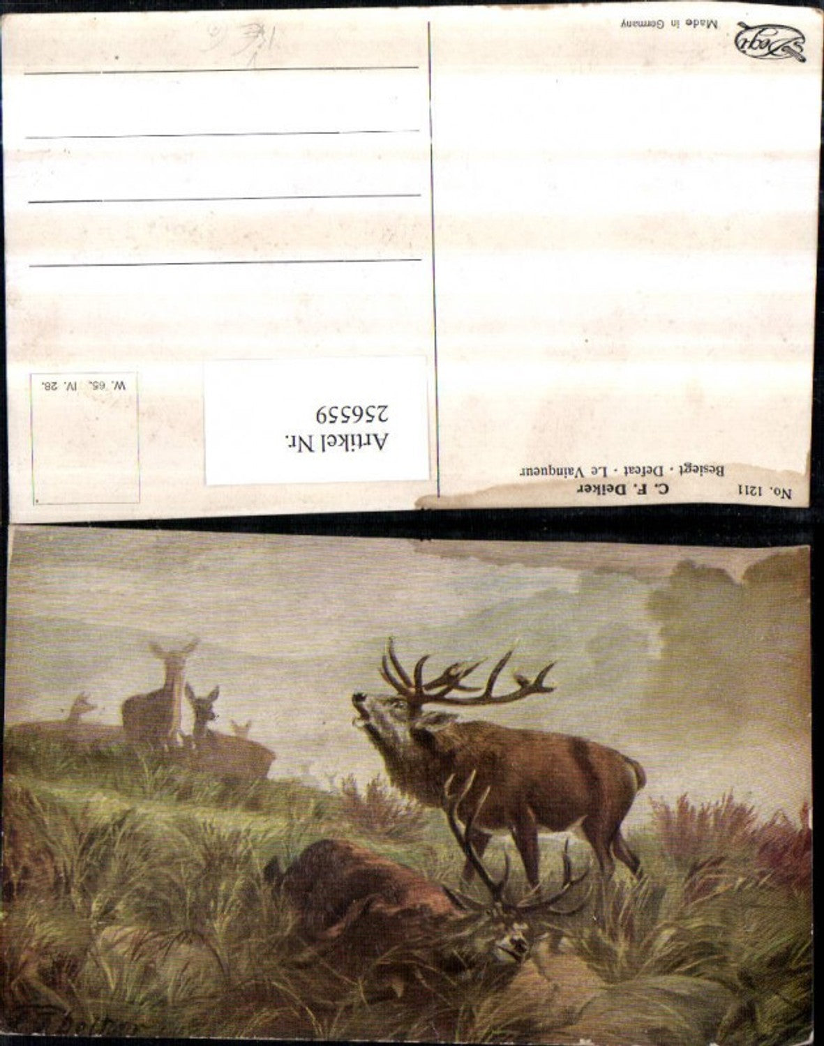 256559,Degi AK 1211 Künstler C. F. Deiker Besiegt Jagd Hirsch Rehe toter Hirsch