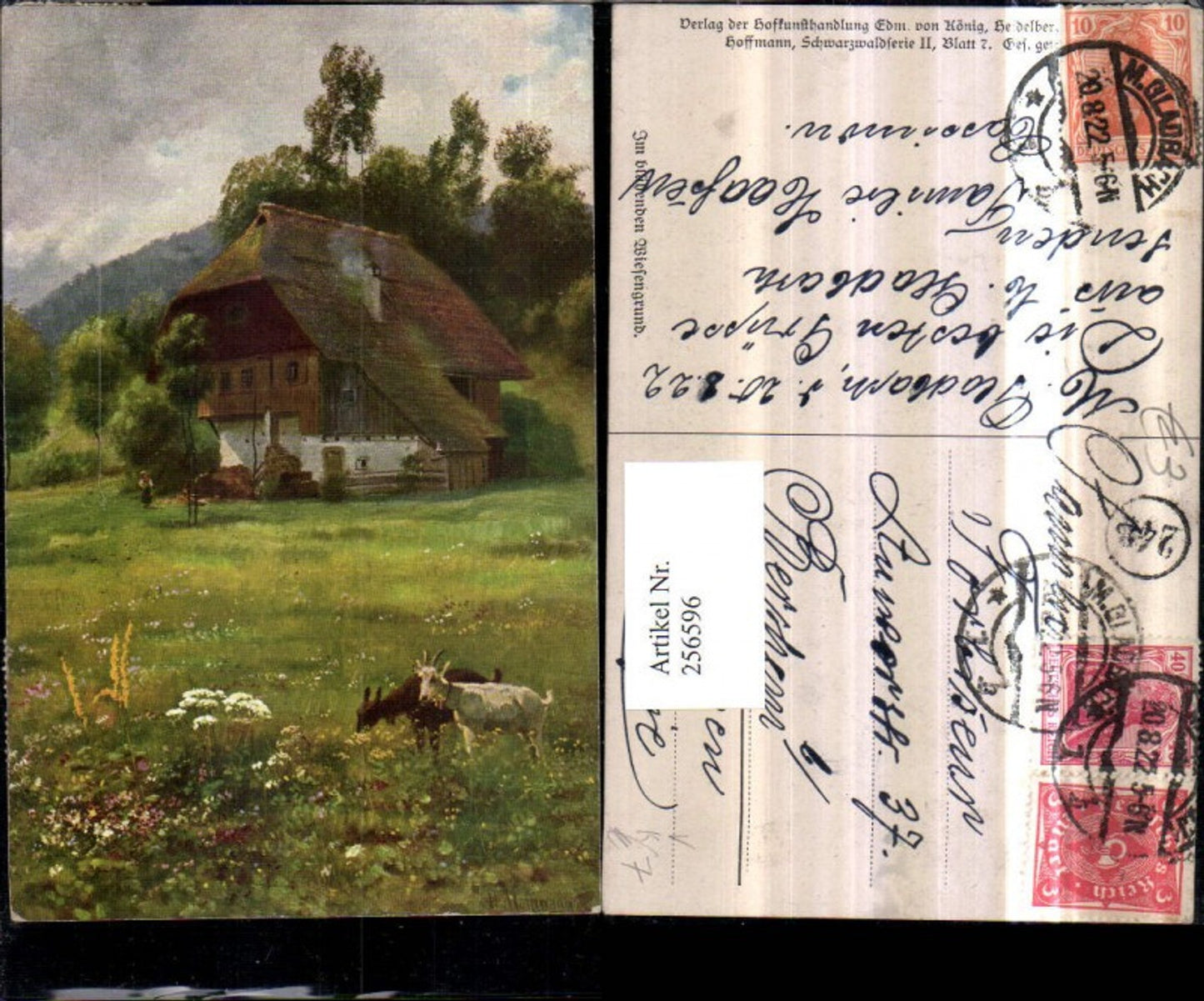 256596,Künstler AK Heinrich Hoffmann Schwarzwald 2/7 Im blühenden Wiesengrund Hausansicht Ziegen pub Edmund v. König