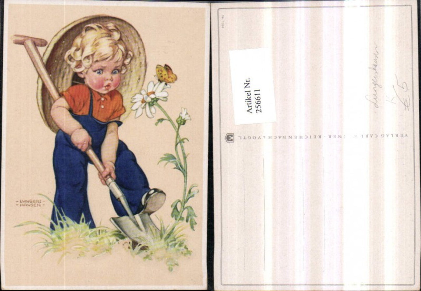 256611, Artist AK Ilse Lungershausen, boy with hat, spade, groundbreaking ceremony, flower, butterfly