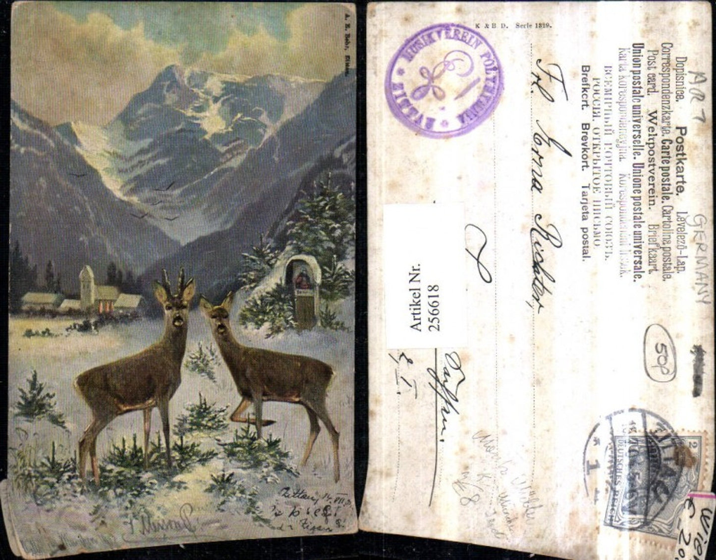 256618,Künstler AK Moritz Müller München Jagd Rehbock Reh Marterl Bergkulisse Winterbild
