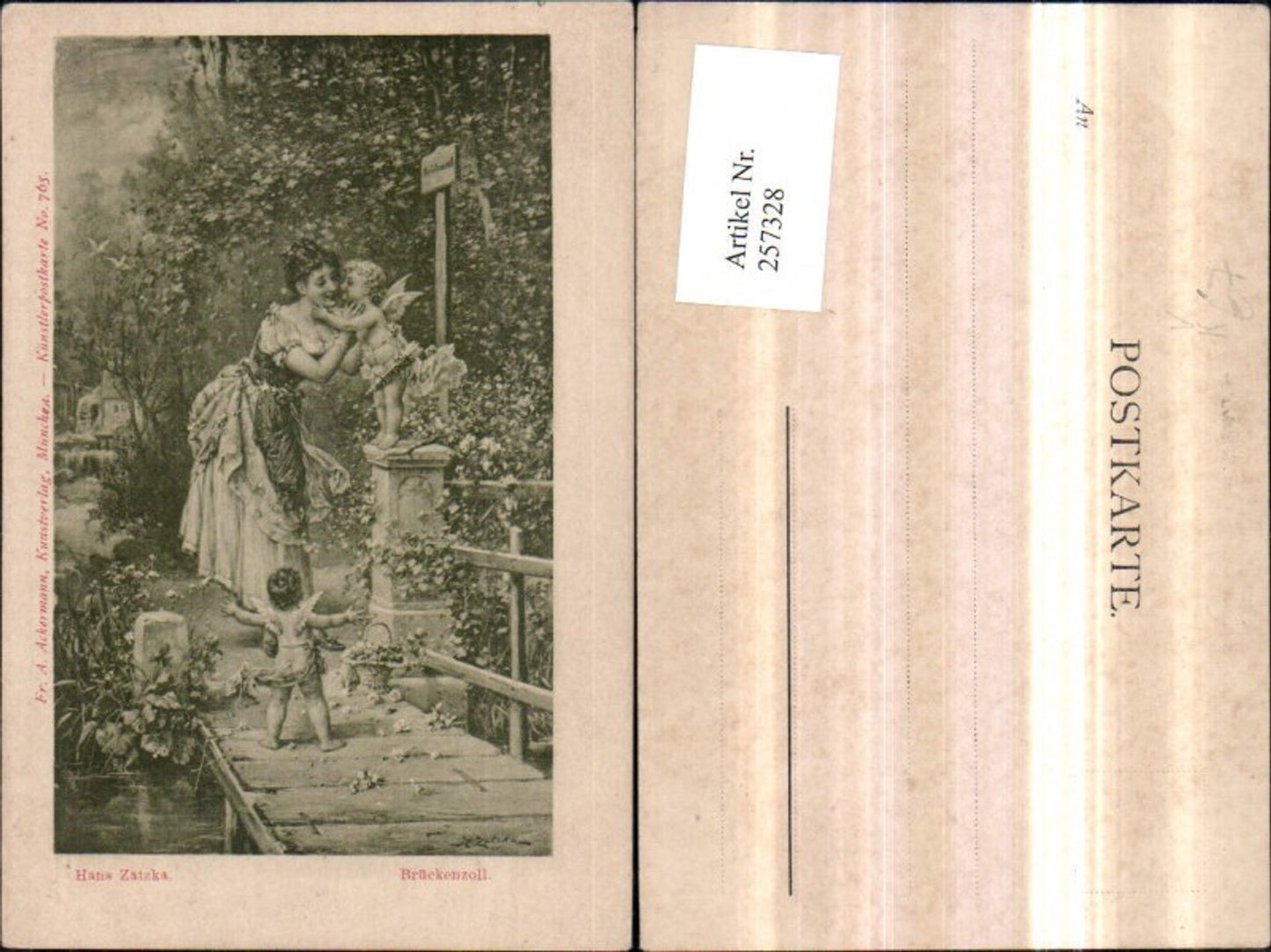 257328, Artist AK H. Zatzka Bridge Toll Angels Cupid Woman Dress Bridge pub A. Ackermann 765