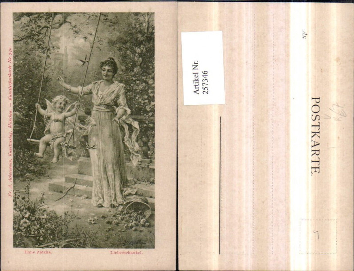 257346,Künstler AK H. Zatzka Liebesschaukel Frau m. Kleid Engel Amor Schaukel pub A. Ackermann 740
