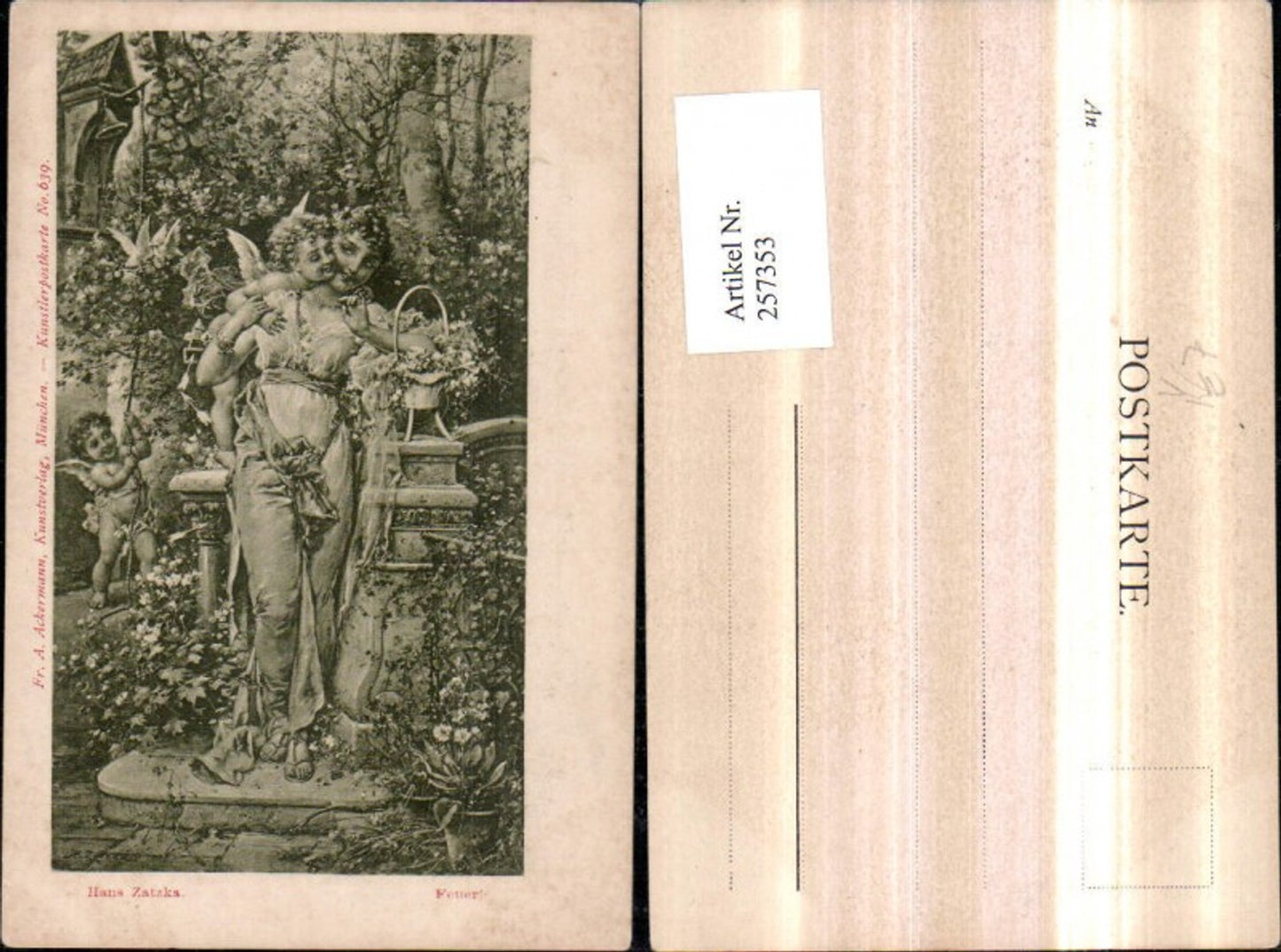 257353,Künstler AK H. Zatzka Feuer Frau m. Kleid Engeln Amor Glocke Tauben pub A. Ackermann 639