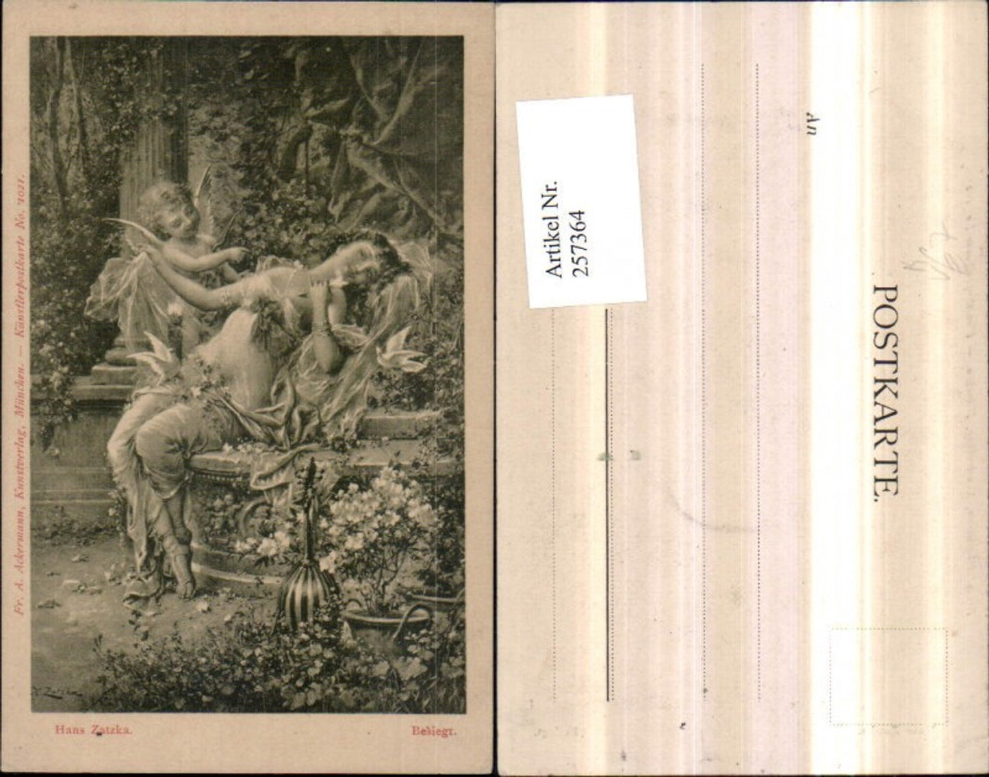 257364, Artist AK H. Zatzka Defeated Angel Cupid Woman Dress Mandolin pub A. Ackermann 1021