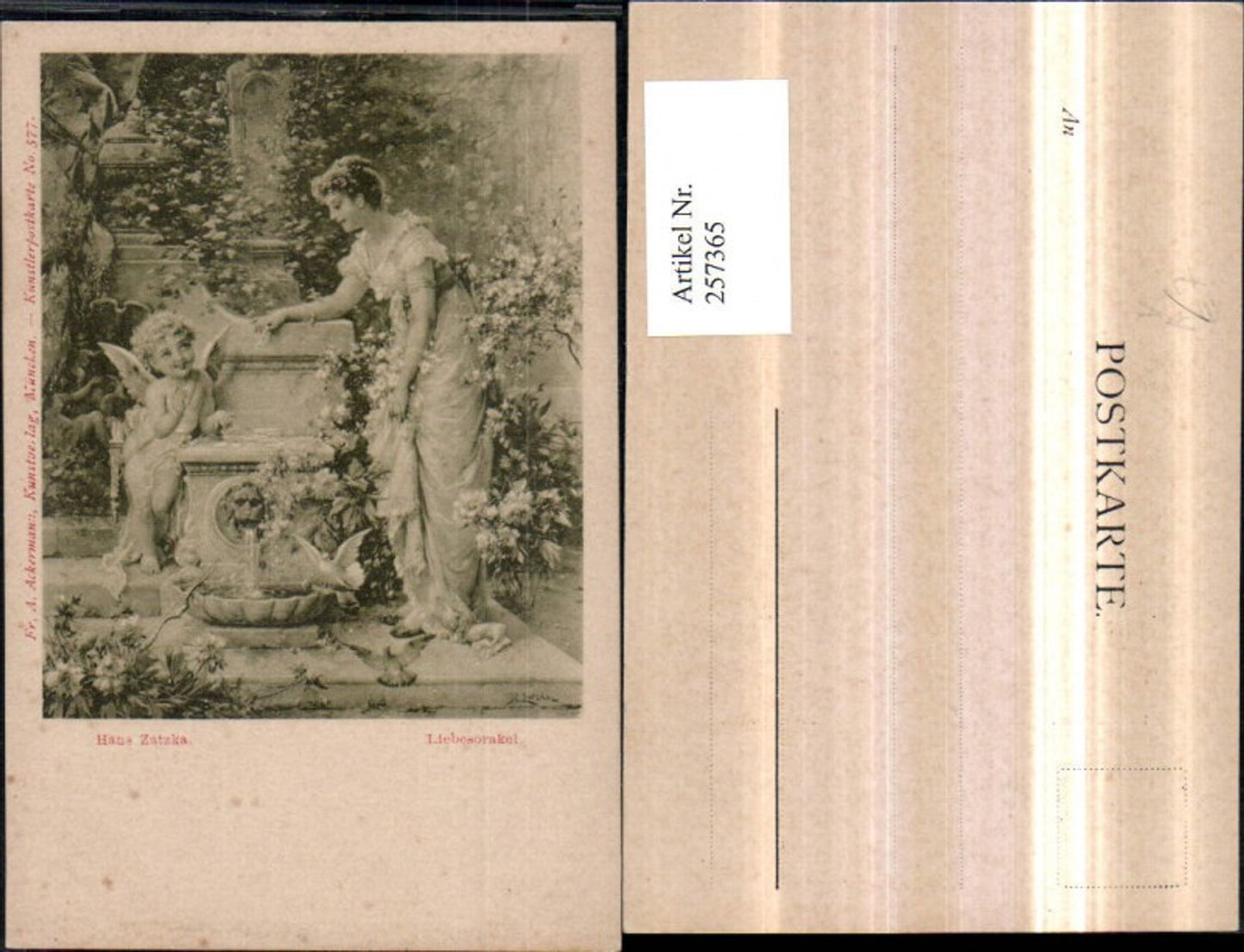 257365,Künstler AK H. Zatzka Liebesorakel Engel Amor Frau Kleid Brunnen pub A. Ackermann 577